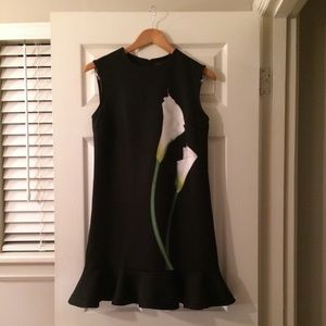 Women's Black Calla Lily Satin Ruffle Hem Dress